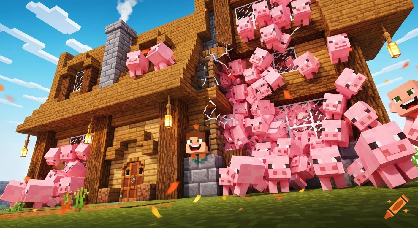 A Minecraft house being overwhelmed by an eruption of pink pigs, with a player character looking surprised.