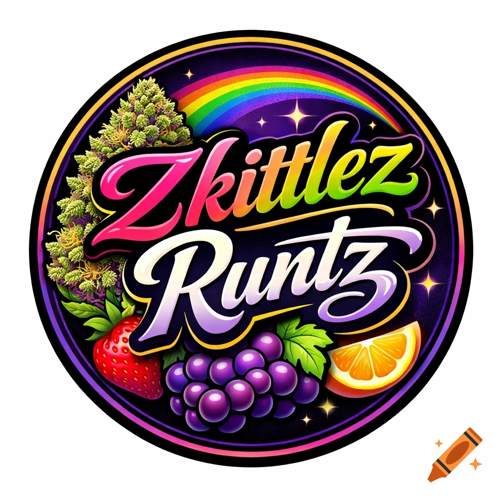 Round Zkittlez Runtz logo with rainbow, cannabis buds, strawberry, grapes, and orange slice on a dark background.