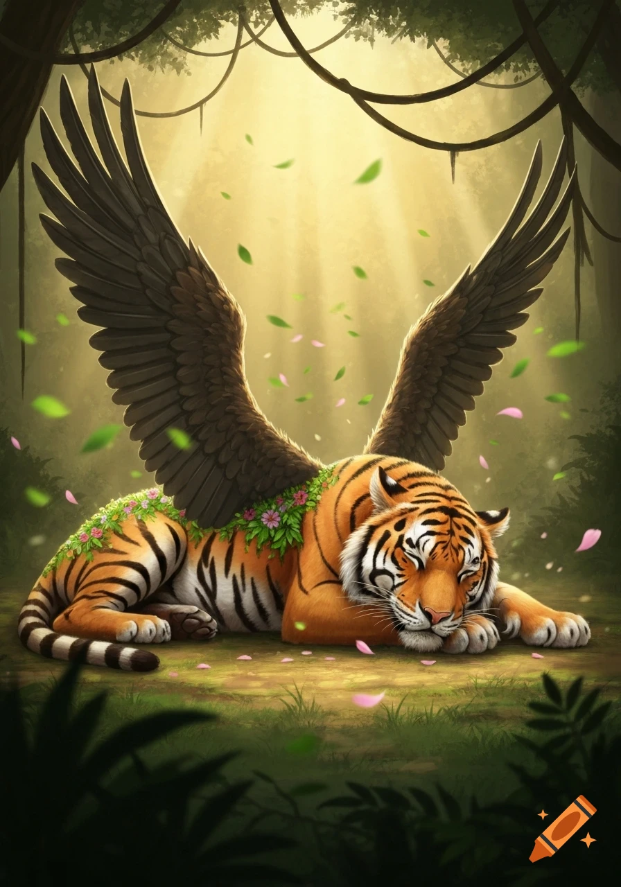 A winged tiger with flowers and leaves on its fur sleeps peacefully in a sunlit jungle, with leaves falling around it.