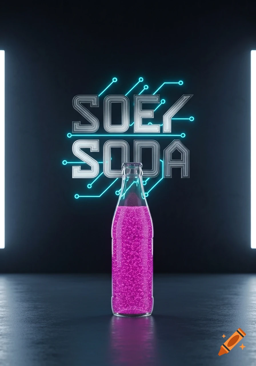 A futuristic soda bottle filled with pink liquid stands on a dark surface, with glowing neon circuit patterns and the text "SOEY SODA" in the background.