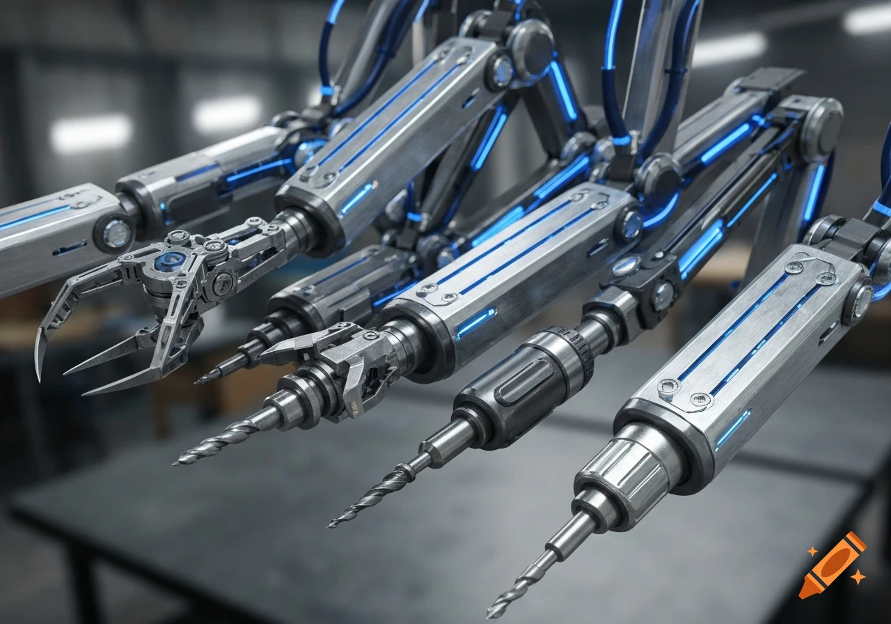 Close-up of metallic robotic arms with glowing blue accents, featuring a claw and several drill bits, in an industrial setting.