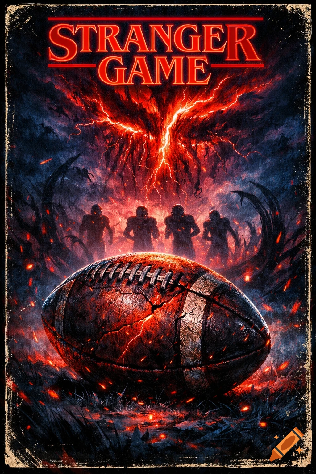 Dark fantasy poster with a cracked, glowing football, silhouetted players, red lightning, and 'STRANGER GAME' text in a Stranger Things style.