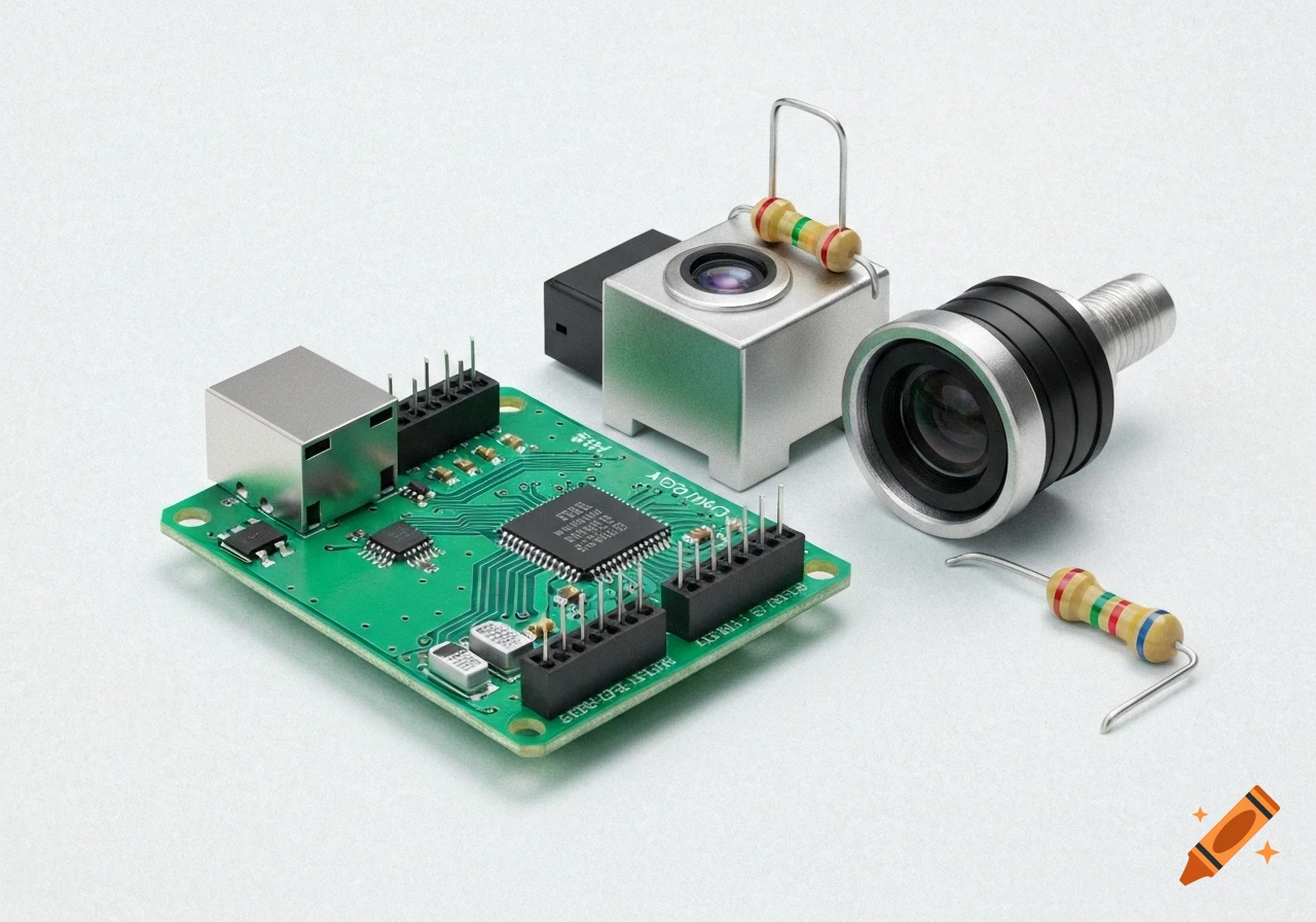 Close-up photorealistic studio shot of various electronic components, including a green circuit board, a silver camera module, and a detachable lens, with colorful resistors.