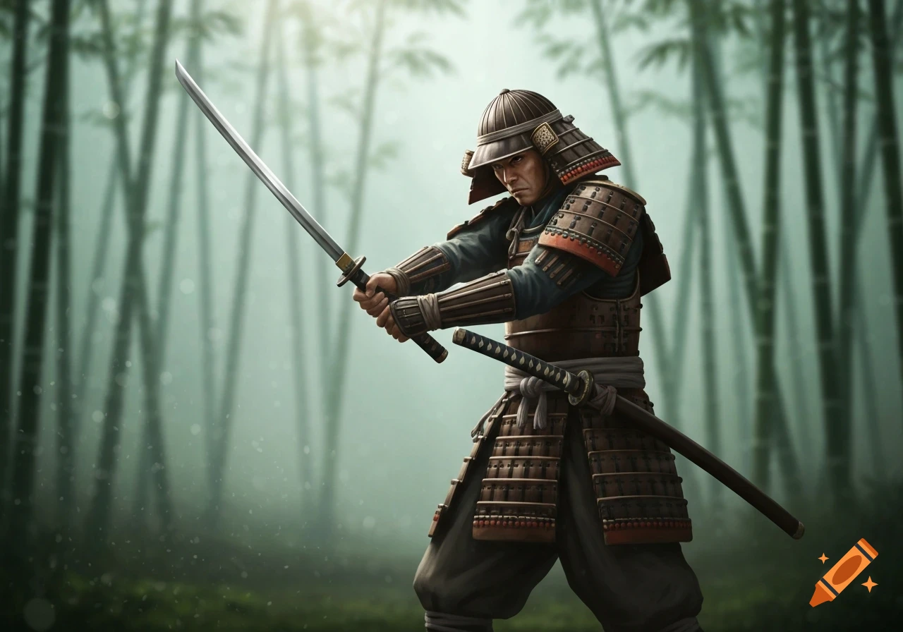 A determined samurai in full armor draws his katana in a misty bamboo forest with sunlight filtering through.