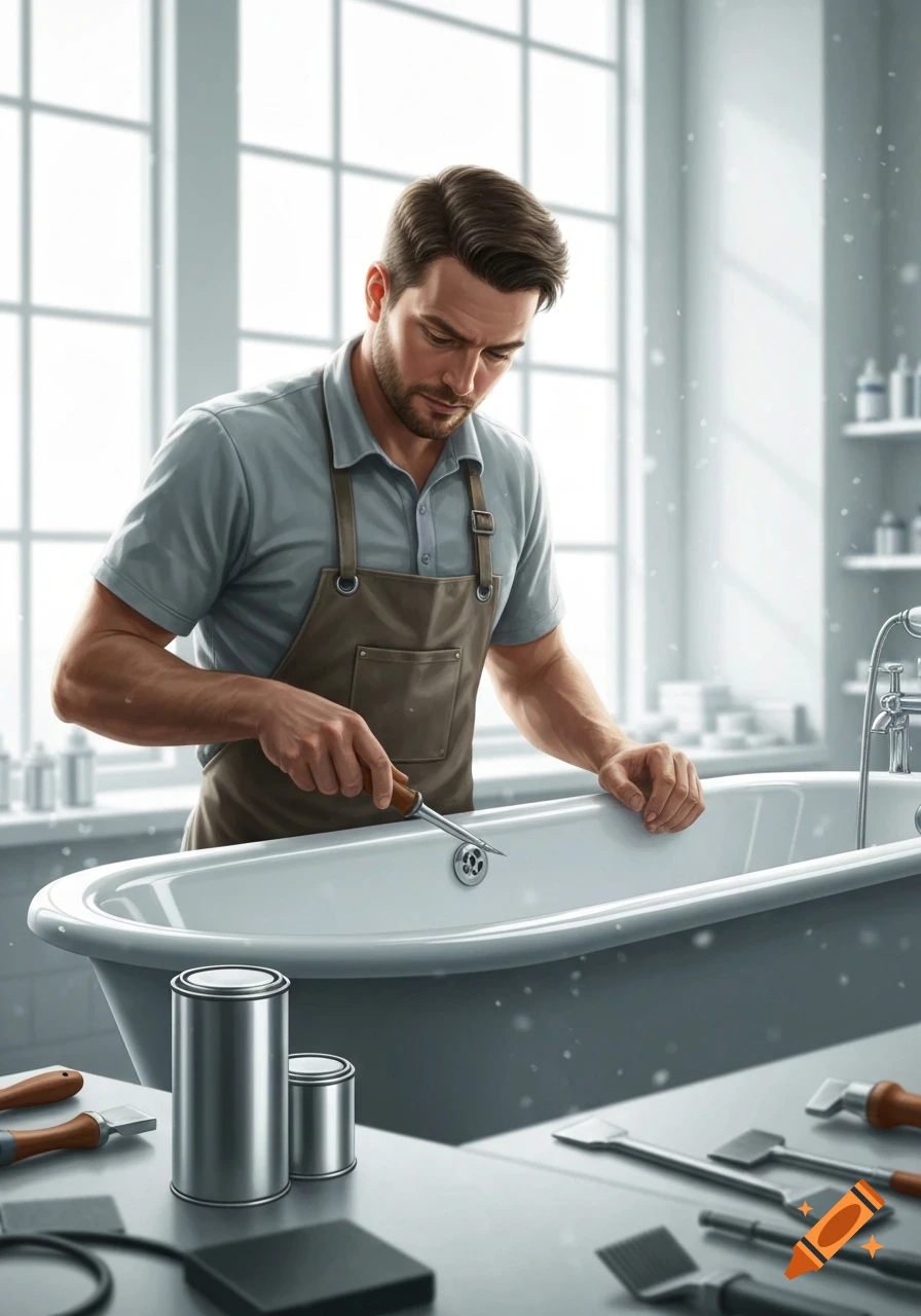 A man in an apron works on a bathtub drain with a tool in a bright room filled with restoration supplies.