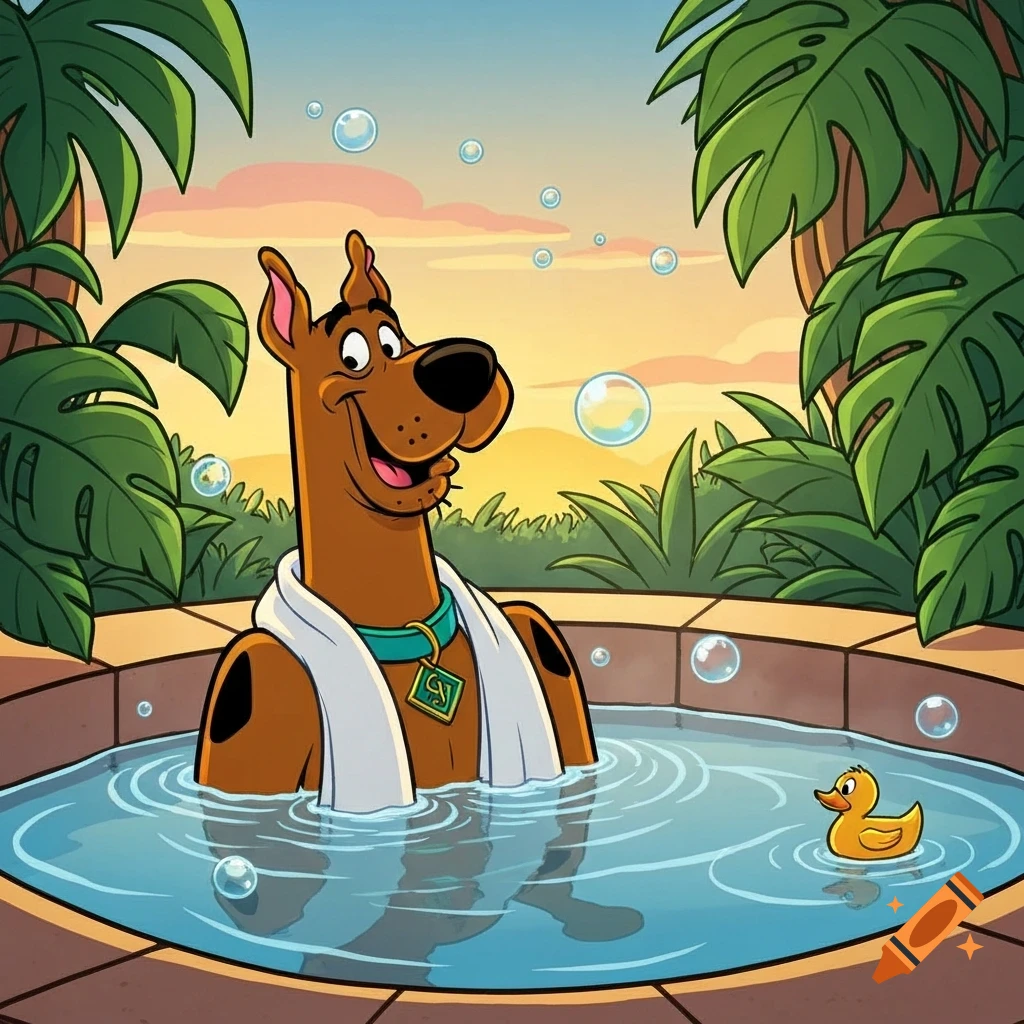 Scooby-Doo relaxing chest deep in a hot tub with bubbles and a rubber duck in a cartoon style.