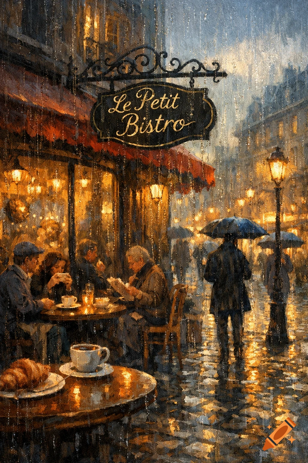 A painterly depiction of a rainy street scene in front of "Le Petit Bistro" in a French city, with patrons seated outside under an awning.
