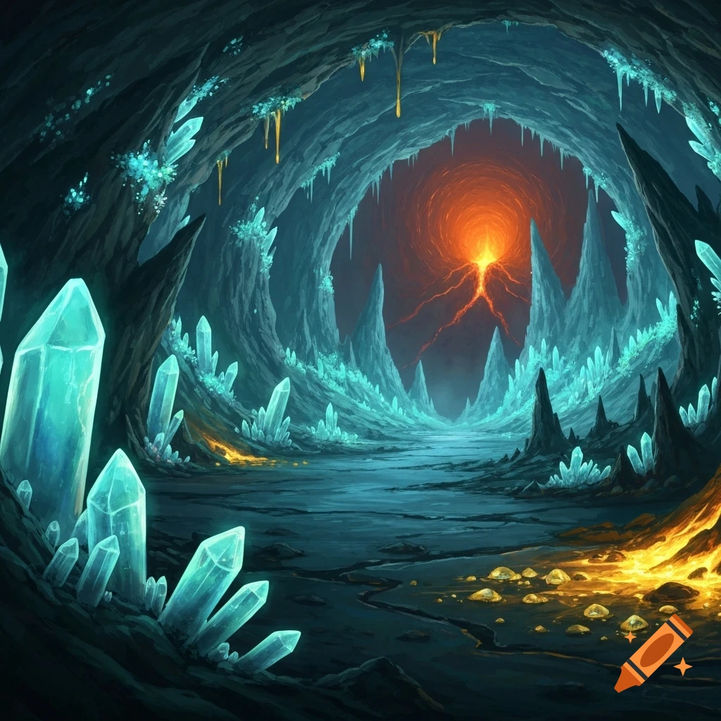 A vibrant fantasy cave with glowing blue crystals, leading to a fiery volcanic core.