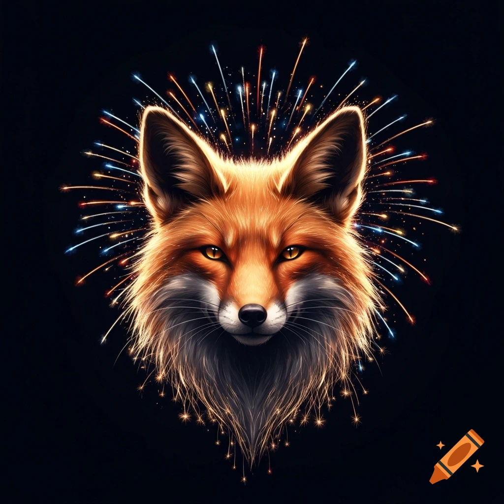 A majestic fox head formed from glowing orange, gold, red, and blue fireworks sparks against a dark background, in a digital painting style.
