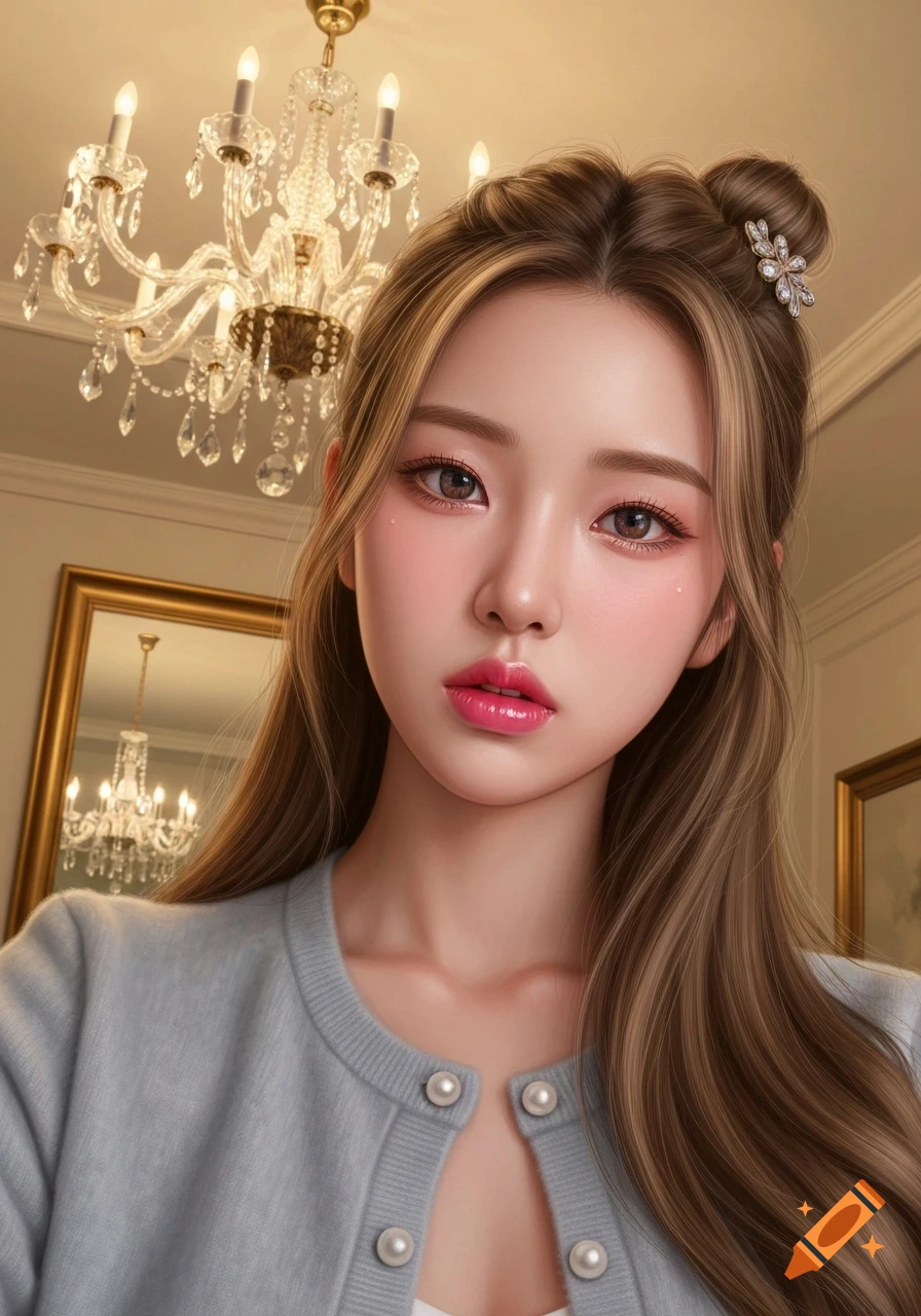 Photorealistic portrait of a Korean/Japanese girl with long brown hair, pink lips, and a gray cardigan, posing in an elegant room with a chandelier.