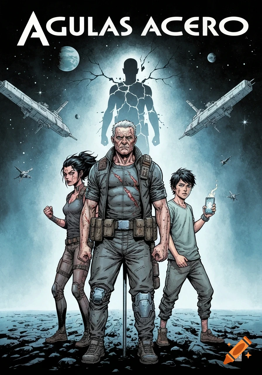 Graphic novel cover: a grizzled man, woman, and boy on a desolate planet under spaceships and a cracked silhouette. Title "AGUILAS ACERO".