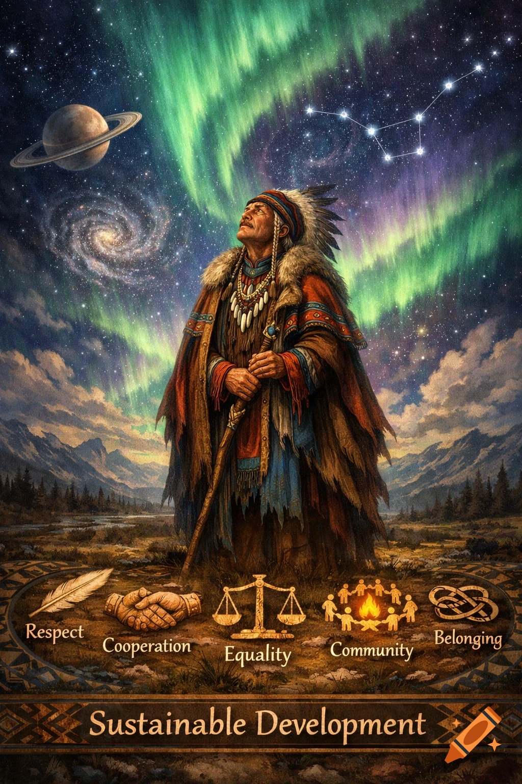 Indigenous man in traditional dress looks at aurora, planet, galaxy. Text: Respect, Cooperation, Equality, Community, Belonging, Sustainable Development.