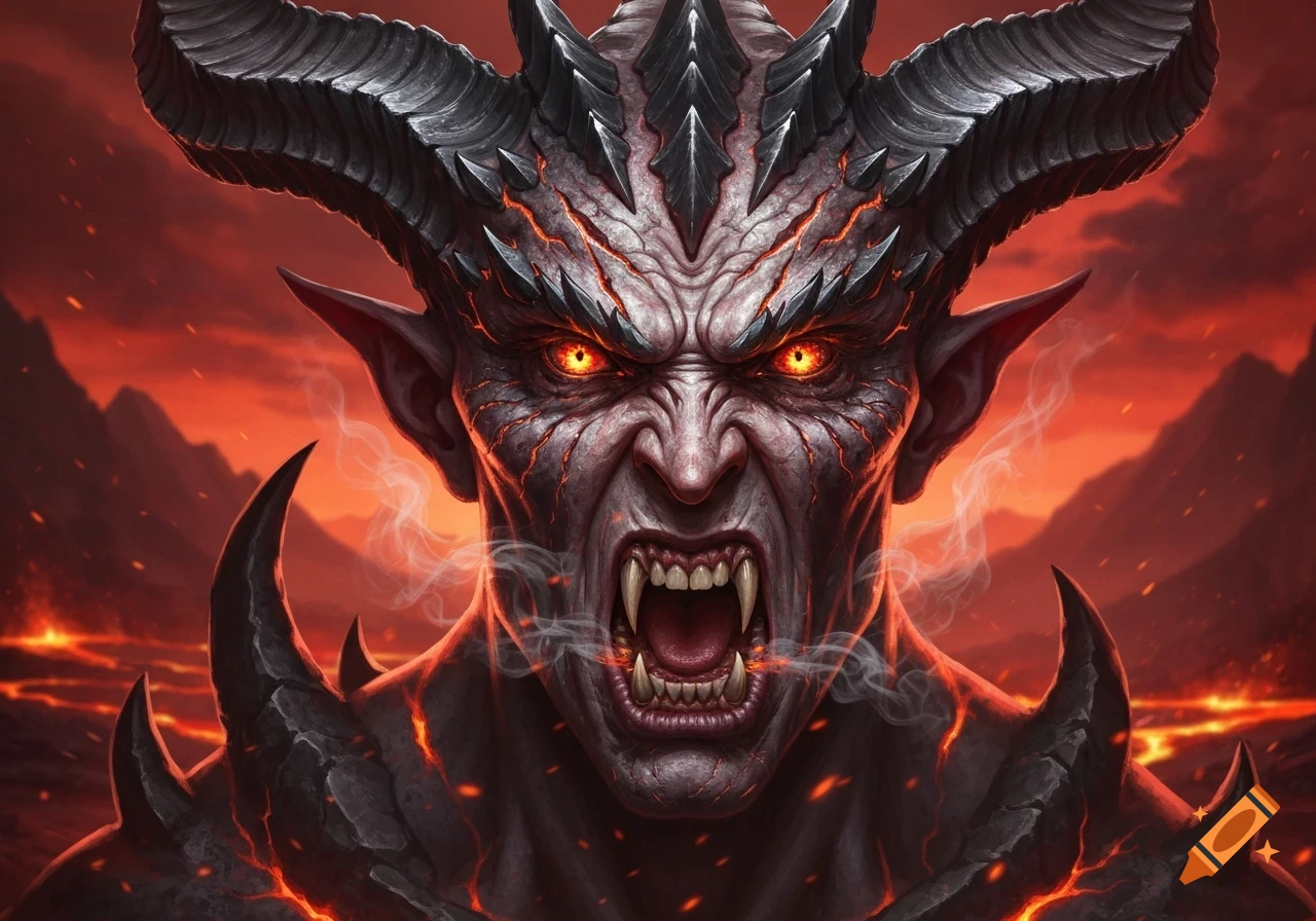 Close-up of a menacing demon king with glowing red eyes, sharp fangs, and horns, against a fiery, volcanic landscape in a dark fantasy style.