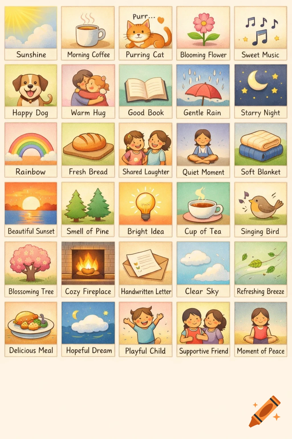 A grid of 30 small, cheerful illustrations with captions, representing reasons to be happy, such as 'Sunshine', 'Purring Cat', 'Happy Dog', and 'Morning Coffee'.