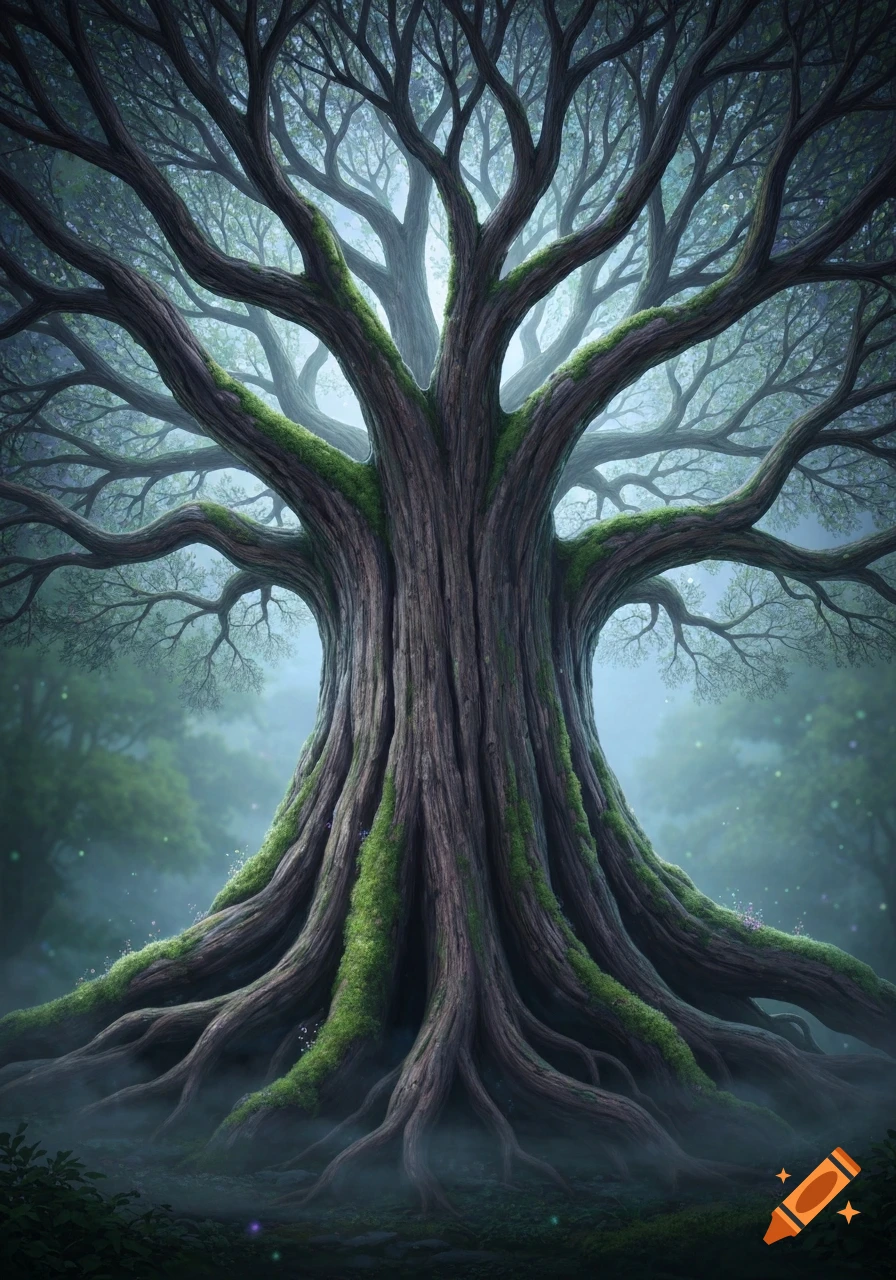 A majestic ancient tree with a thick trunk, spreading roots, and moss-covered branches in a misty, ethereal forest.