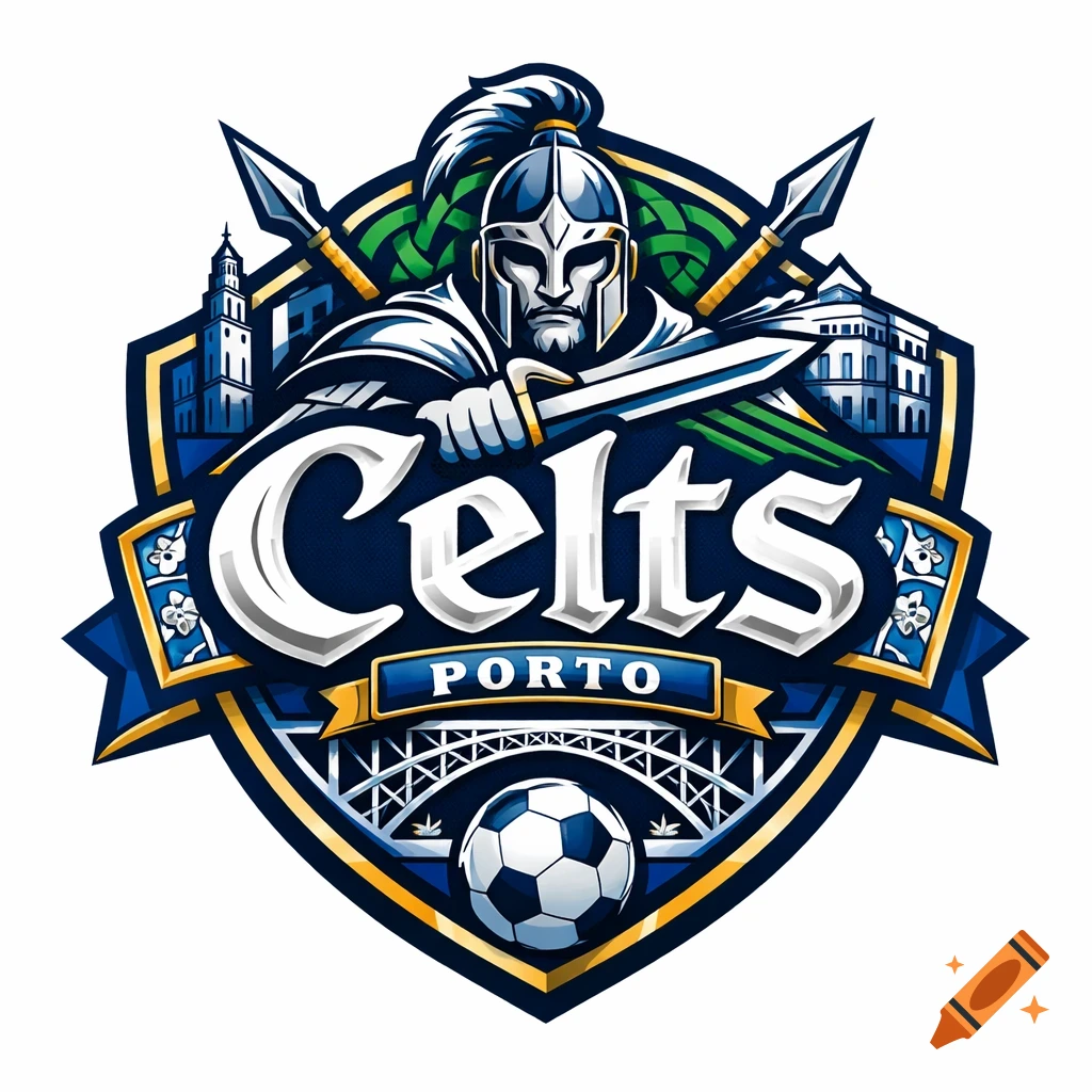 A vibrant sports logo featuring a stylized warrior in a helmet with a sword, flanked by city buildings and spears, above a banner with "Celts PORTO" text, a bridge, and a soccer ball.