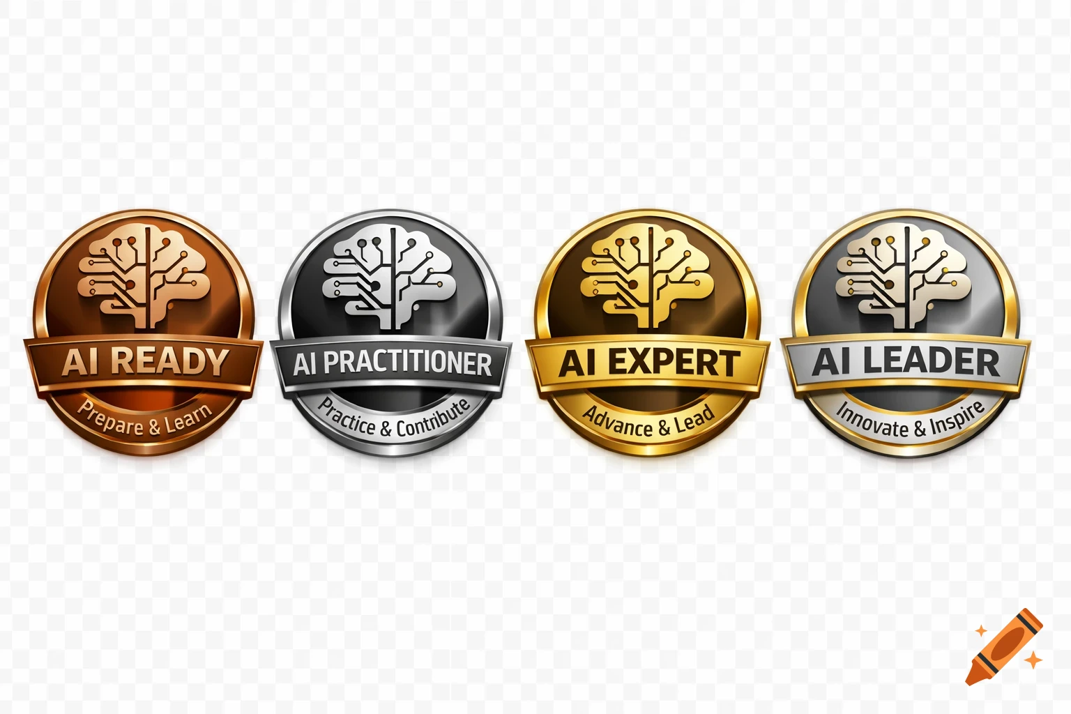 Four professional AI maturity badges in bronze, silver, gold, and silver-gold, featuring brain-circuitry icons and text like 'AI Ready', 'AI Practitioner', 'AI Expert', and 'AI Leader', displayed horizontally on a transparent background.