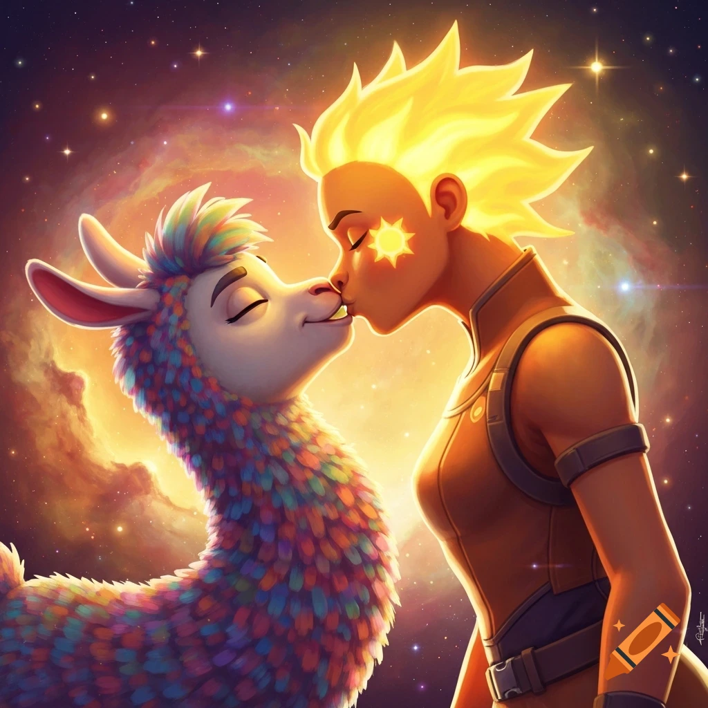 A colorful cartoon llama with rainbow fur kisses a stylized person with spiky yellow hair and a glowing sun on their cheek, against a starry space background.