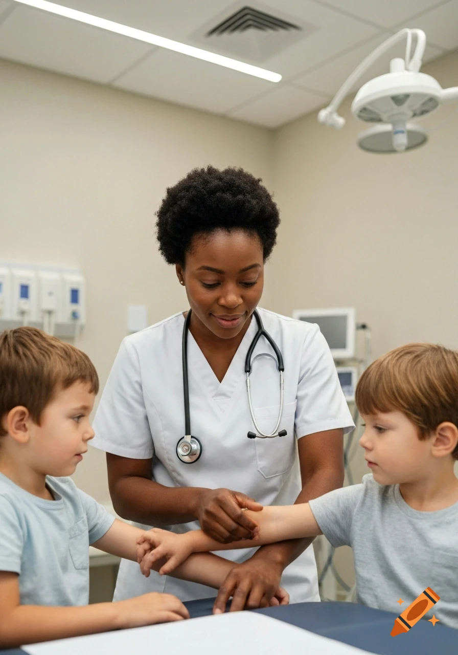 A Black female doctor examines the arm of a white child, with another child seated nearby, in a hospital room.
