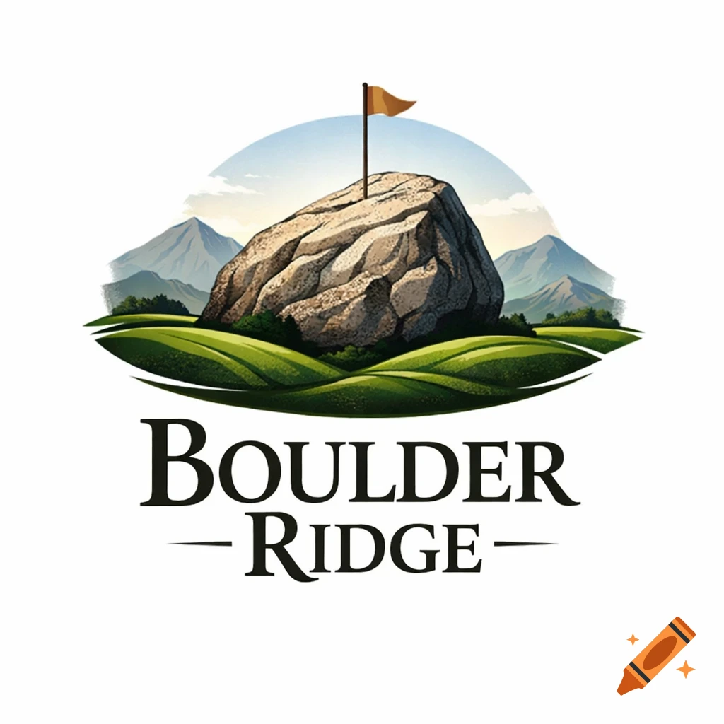 Logo for Boulder Ridge featuring a large boulder with a golf flag, green hills, and mountains under a blue sky.