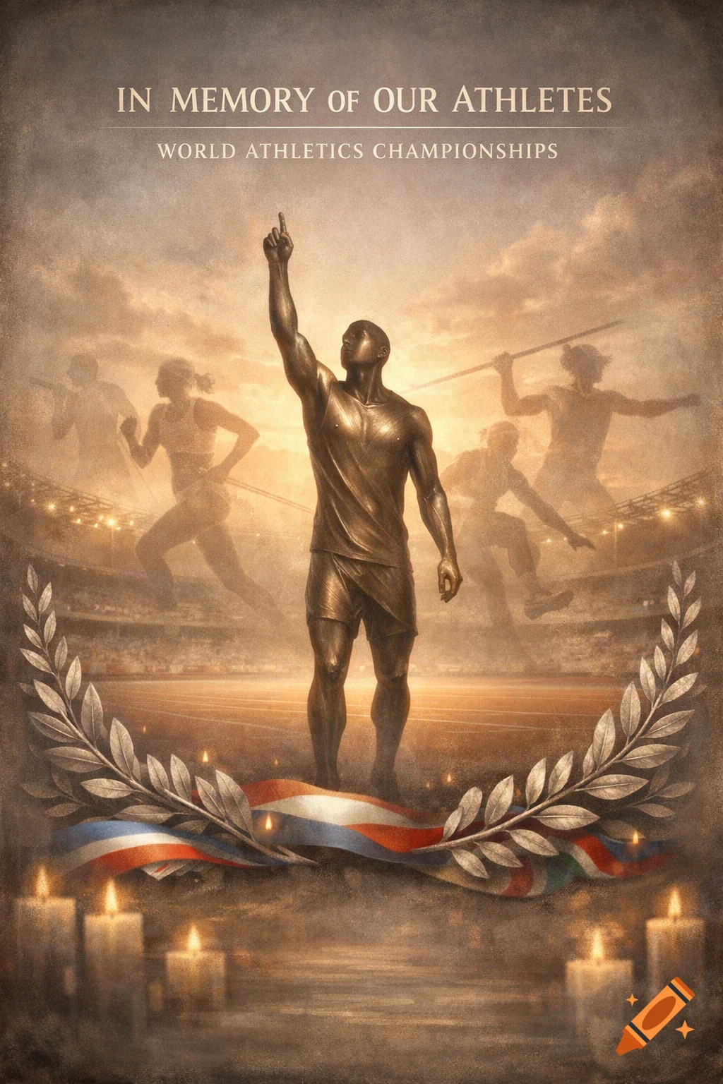 A sepia-toned memorial poster for athletes, featuring a bronze statue of a man pointing up, silhouetted athletes, a laurel wreath, and candles. Text: 'IN MEMORY OF OUR ATHLETES WORLD ATHLETICS CHAMPIONSHIPS'.