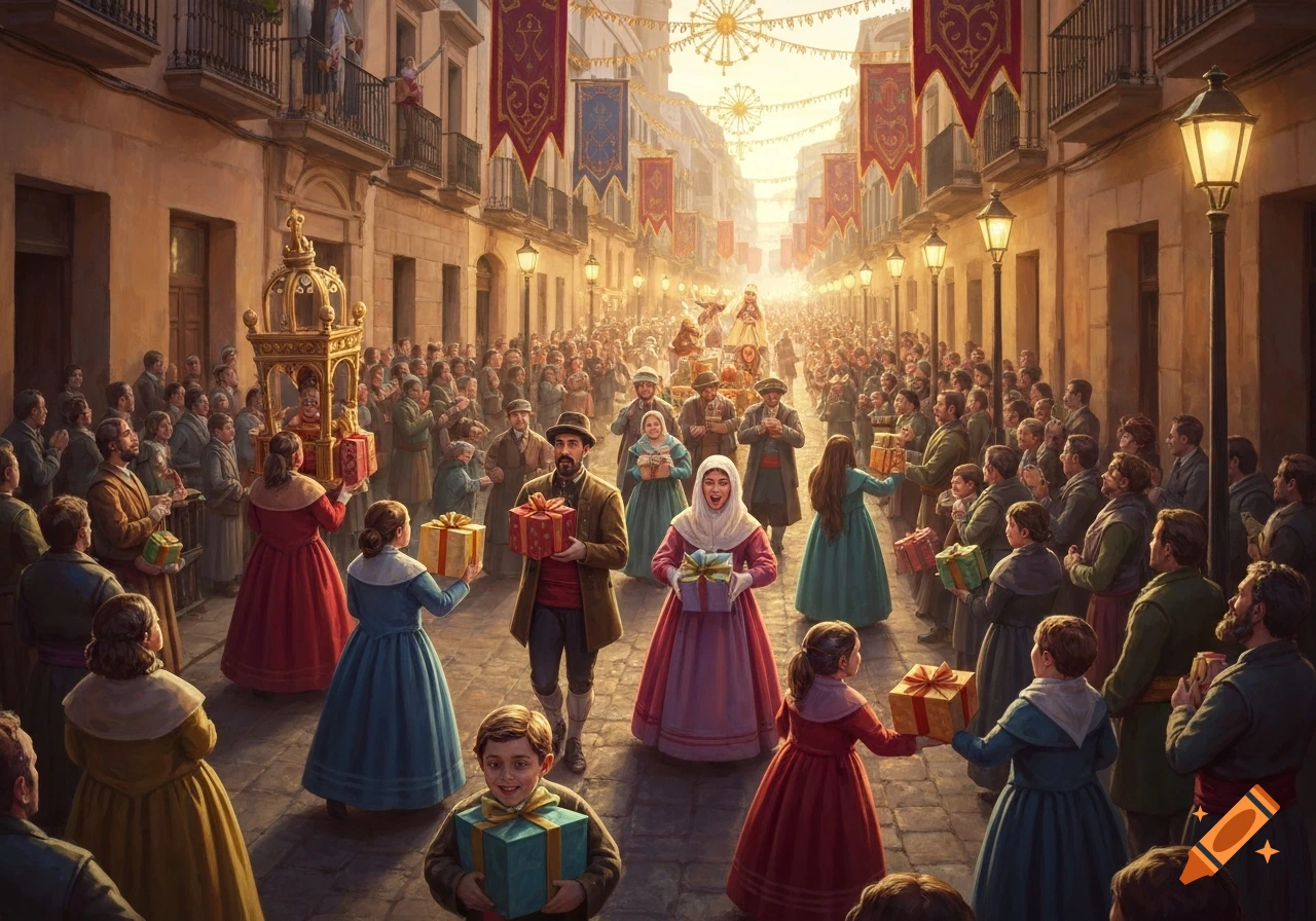 A vibrant, golden-lit street scene depicts a historical festival parade with large crowds and people exchanging gifts.