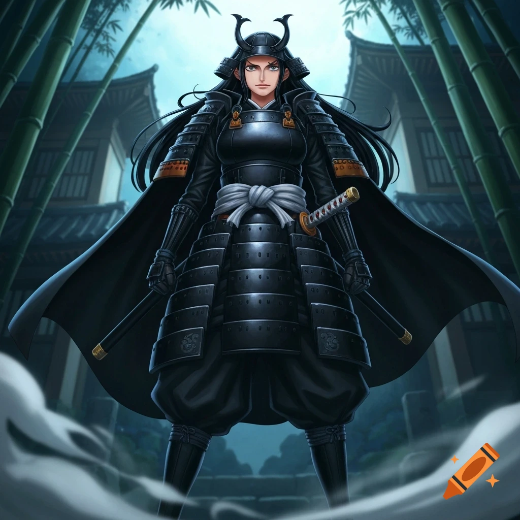 Anime-style female samurai in black armor and helmet, with a katana, standing among bamboo and Japanese buildings.