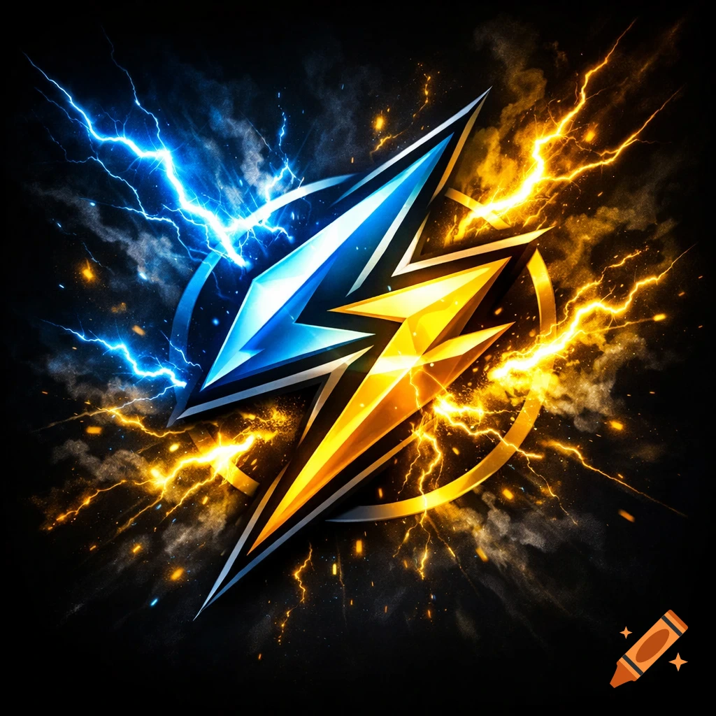 A stylized logo with intertwined blue and gold lightning bolts amidst electric sparks and smoke on a black background.