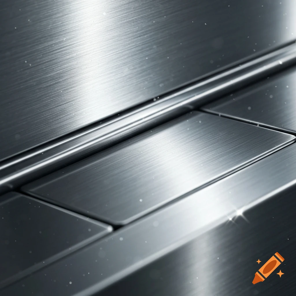 Close-up, photorealistic view of brushed stainless steel surfaces with subtle reflections and specks of light.