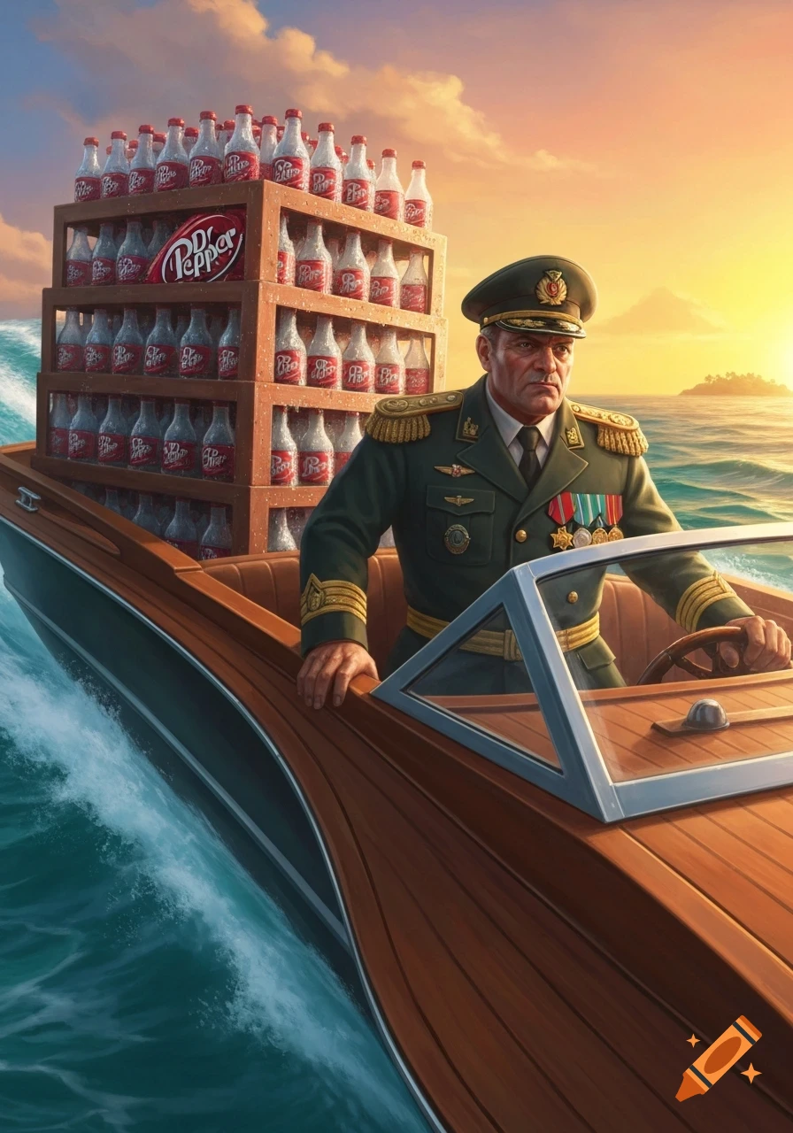 A military general steers a wooden motorboat filled with Dr. Pepper crates on wavy seas during sunset.