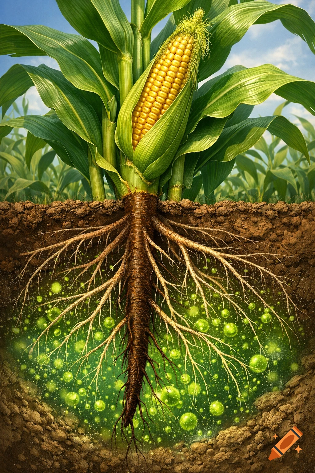 Photorealistic illustration of a corn plant showing its ear, green leaves, and roots in a soil cross-section with glowing green microalgae.