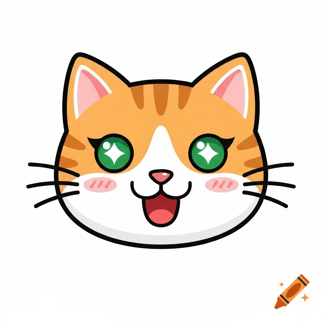 A cute cartoon orange and white cat face with big sparkling green eyes and a happy smile.