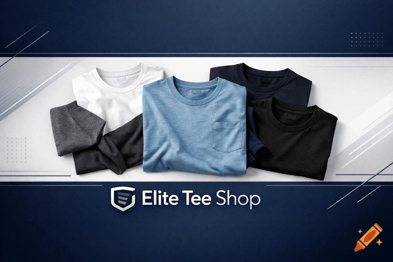 Five folded t-shirts in white, blue, dark grey, navy, and black on a white surface with 'Elite Tee Shop' logo.