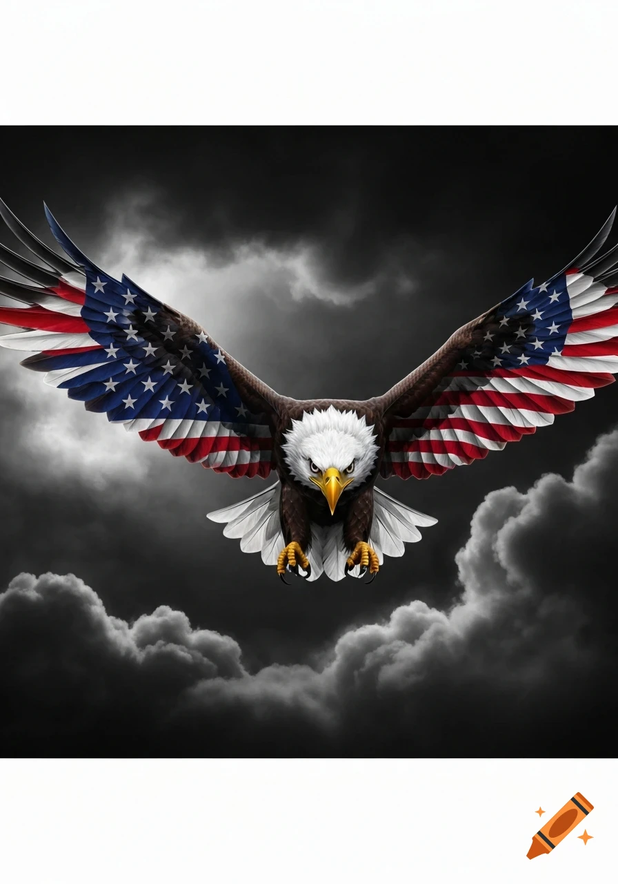 A dramatic bald eagle with American flag wings soars through a dark, stormy sky.