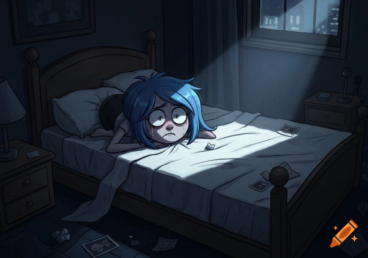 A blue-haired cartoon girl lies sadly on her bed in a dark room, lit by moonlight from a window, with scattered papers on the floor.