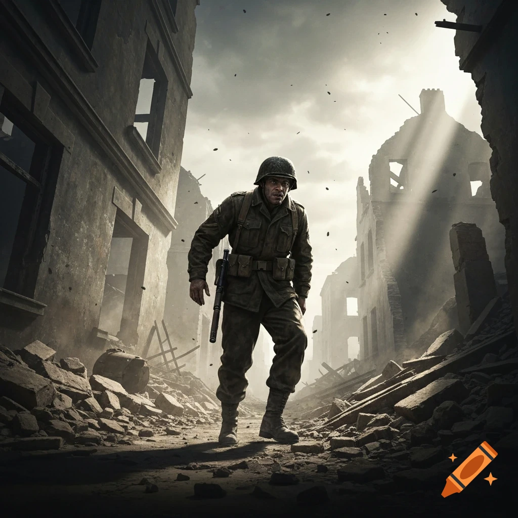 A soldier in uniform walks through a devastated, war-torn city street under a dramatic, cloudy sky.