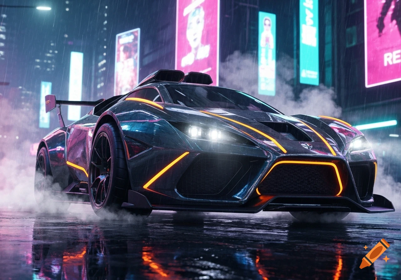A sleek, black futuristic sports car with bright orange neon accents drives on a wet city street at night, illuminated by neon signs and rain.