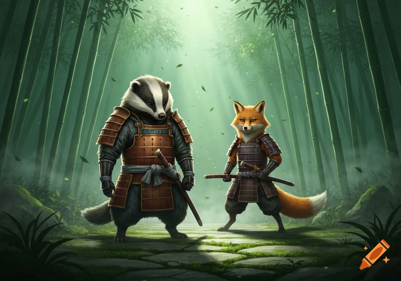 A badger and a fox in samurai armor stand with swords on a stone path in a lush, misty bamboo forest, digital art.