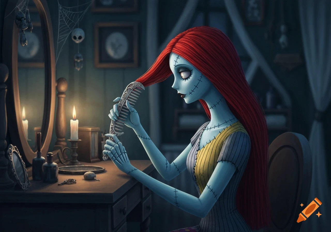 Animated illustration of Sally Skellington brushing her long red hair at a spooky vanity table, lit by candles.