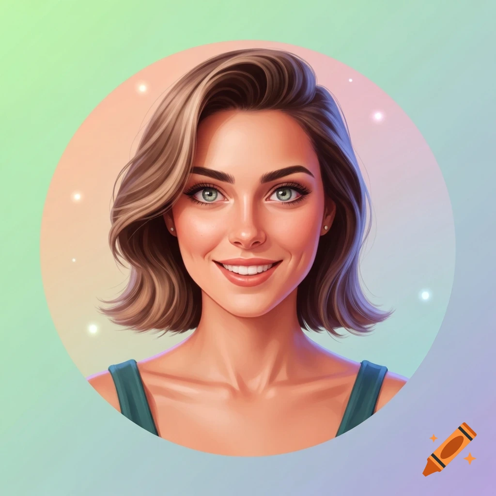 A stylized smiling woman with short brown hair and green eyes, set in a round frame with a pastel gradient background.