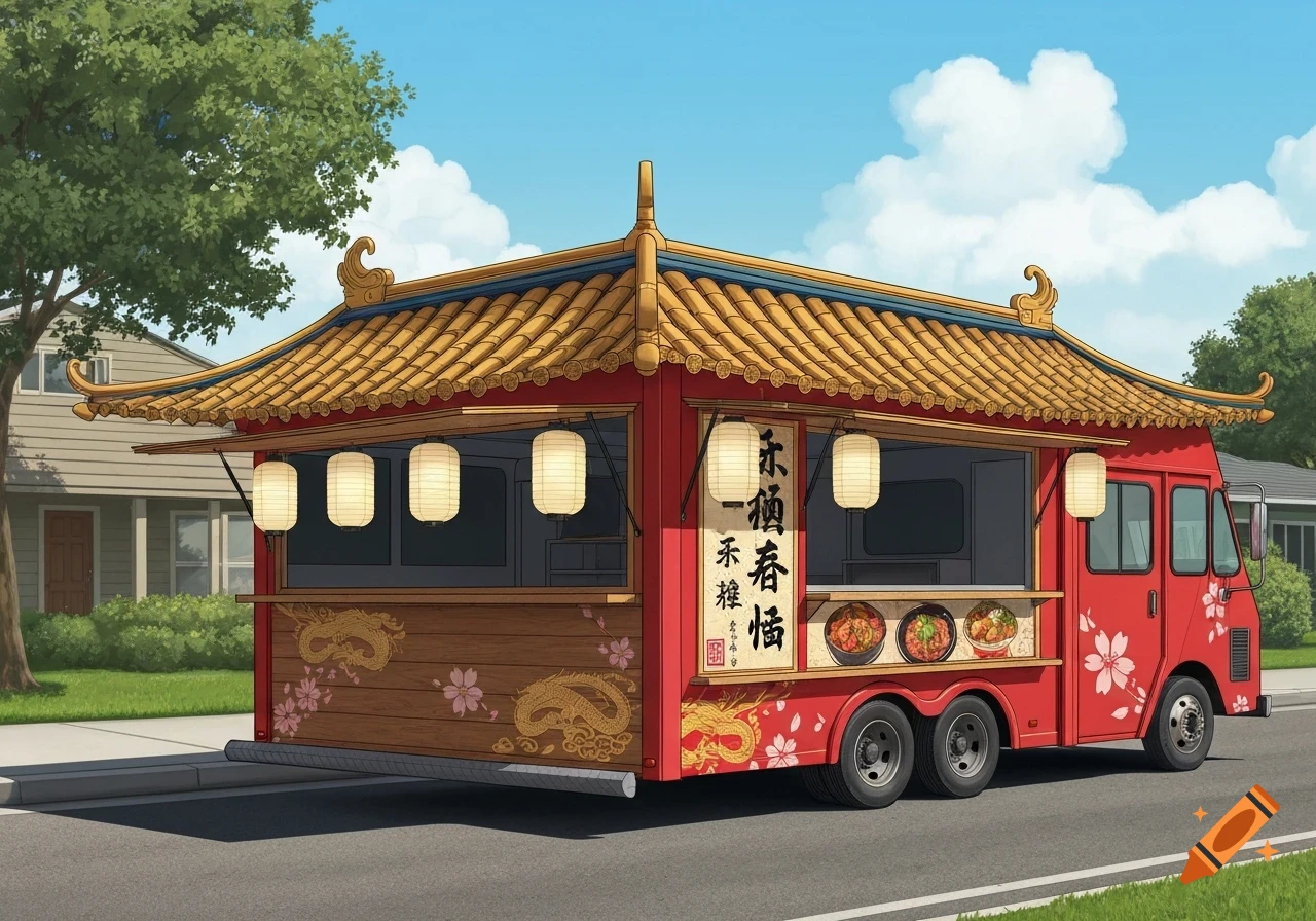 A red anime-style Japanese and Chinese fusion food truck with a golden tiled roof and lanterns, decorated with dragons and cherry blossoms, parked on a street.