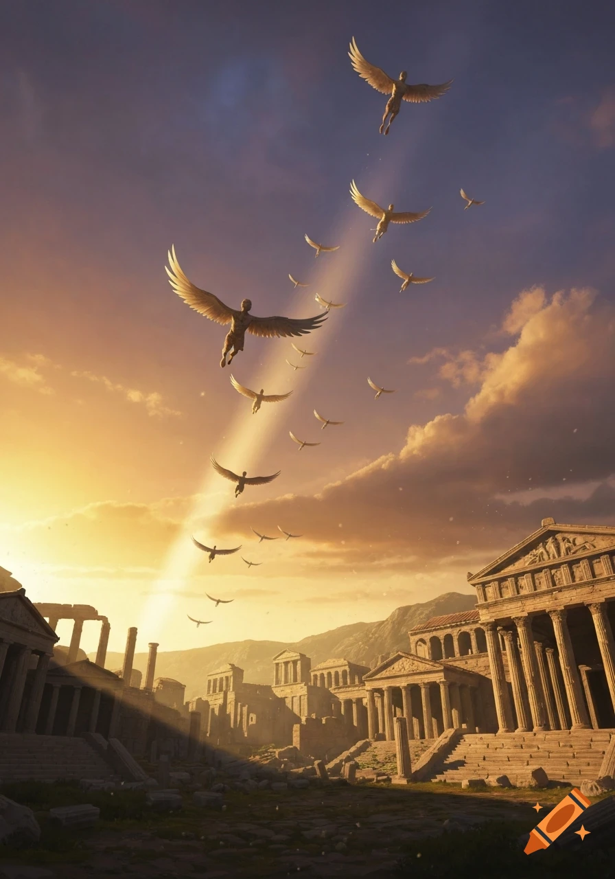 Winged figures soar above sunlit ancient ruins, bathed in the golden light of sunset.