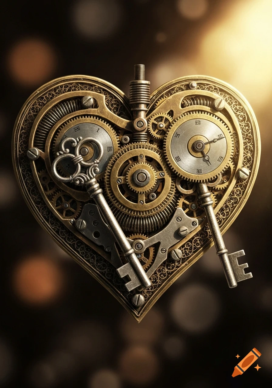 Steampunk heart made of intricate brass and silver clockwork gears, with two ornate antique keys laid across it on a dark background.