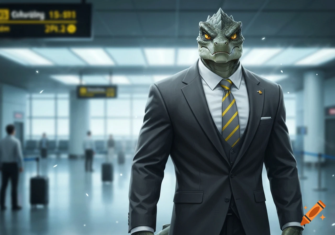 An angry humanoid reptile in a dark grey suit and striped tie stands in a bustling airport terminal.