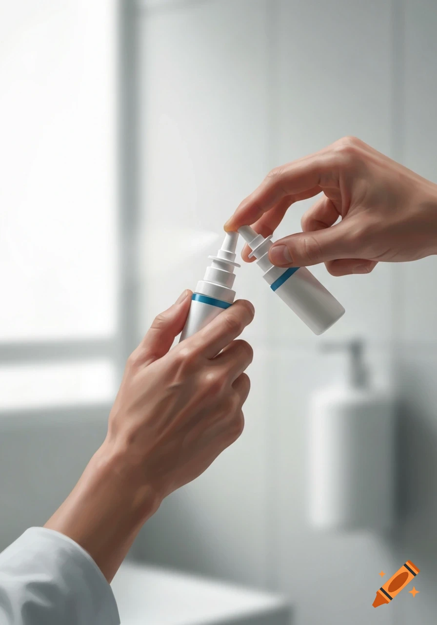 Two hands each hold a white and blue nasal spray, one spraying mist, in a blurry bathroom setting.