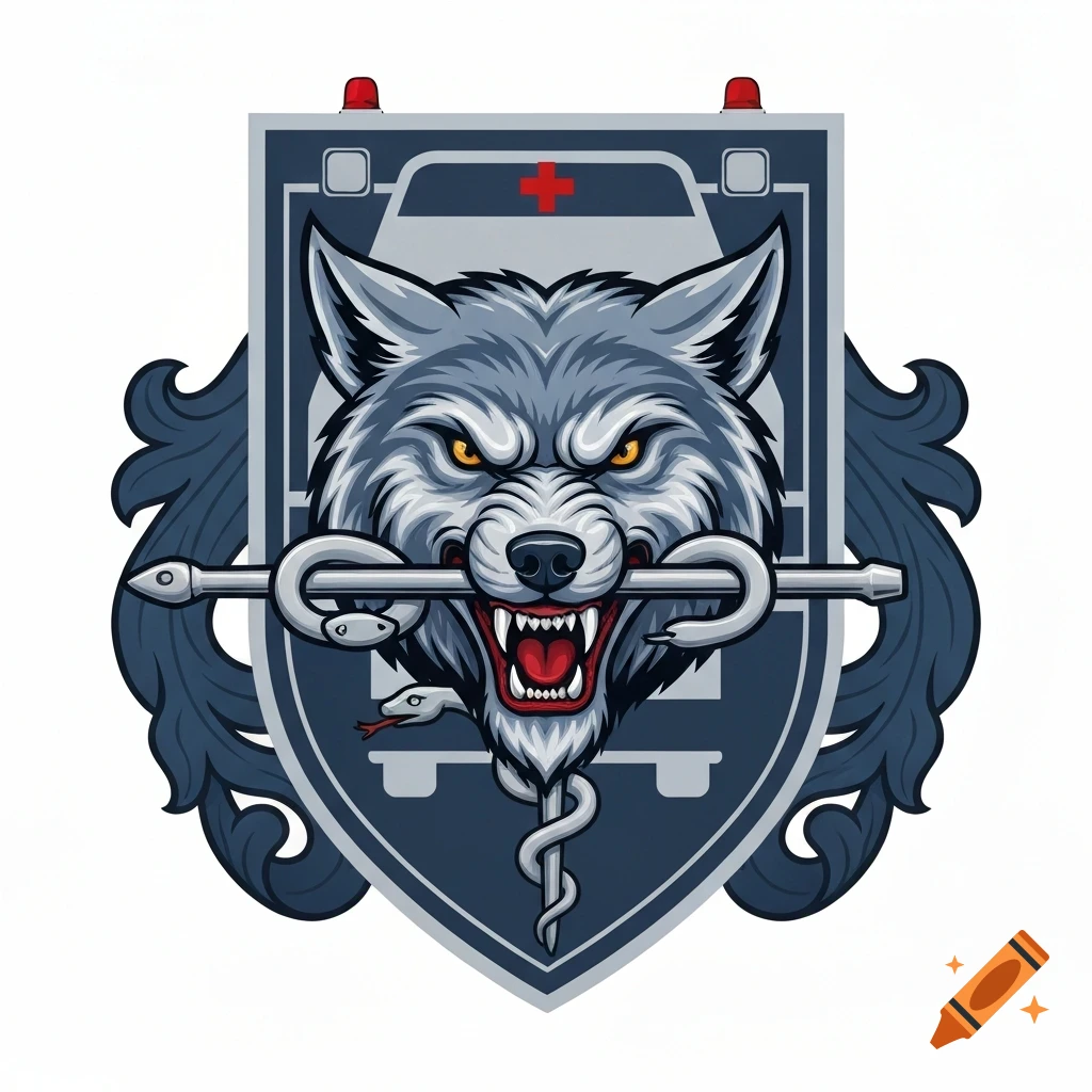 Stylized coat of arms featuring an aggressive grey wolf clenching a Rod of Asclepius, set against a shield with an ambulance symbol.