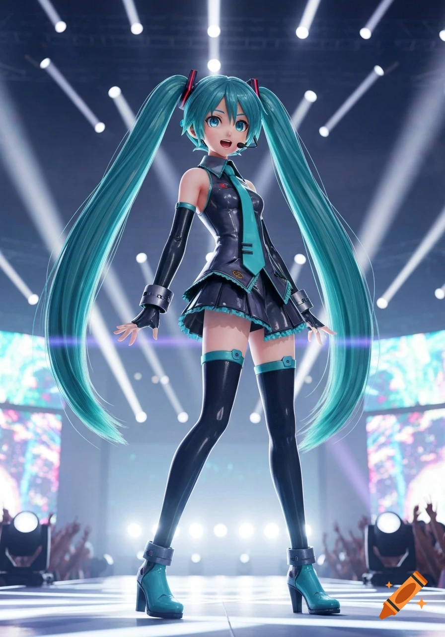 Hatsune Miku performs on a stage lit by spotlights, wearing her signature outfit.