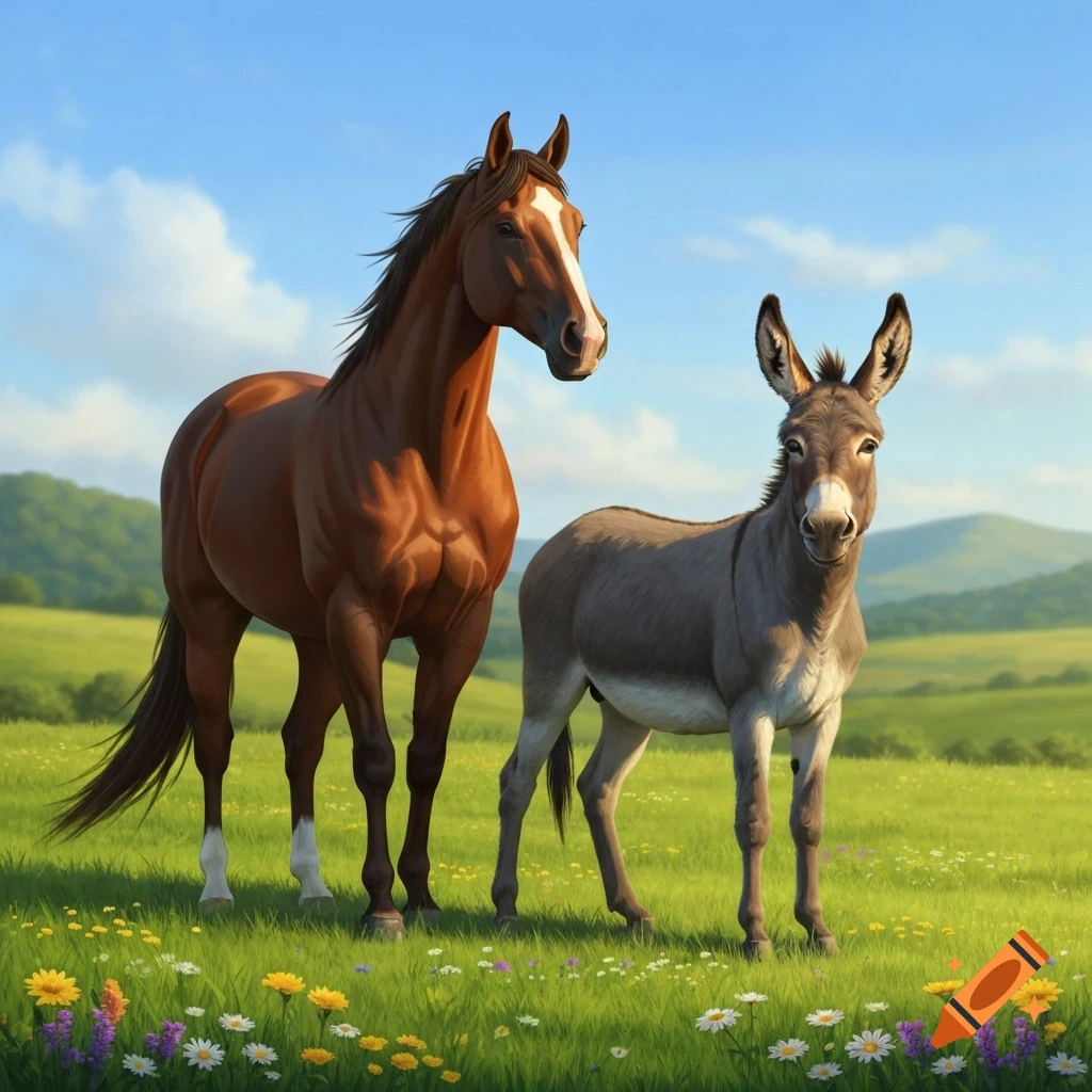 A brown horse and a grey donkey stand side-by-side in a vibrant green field with wildflowers under a blue sky.
