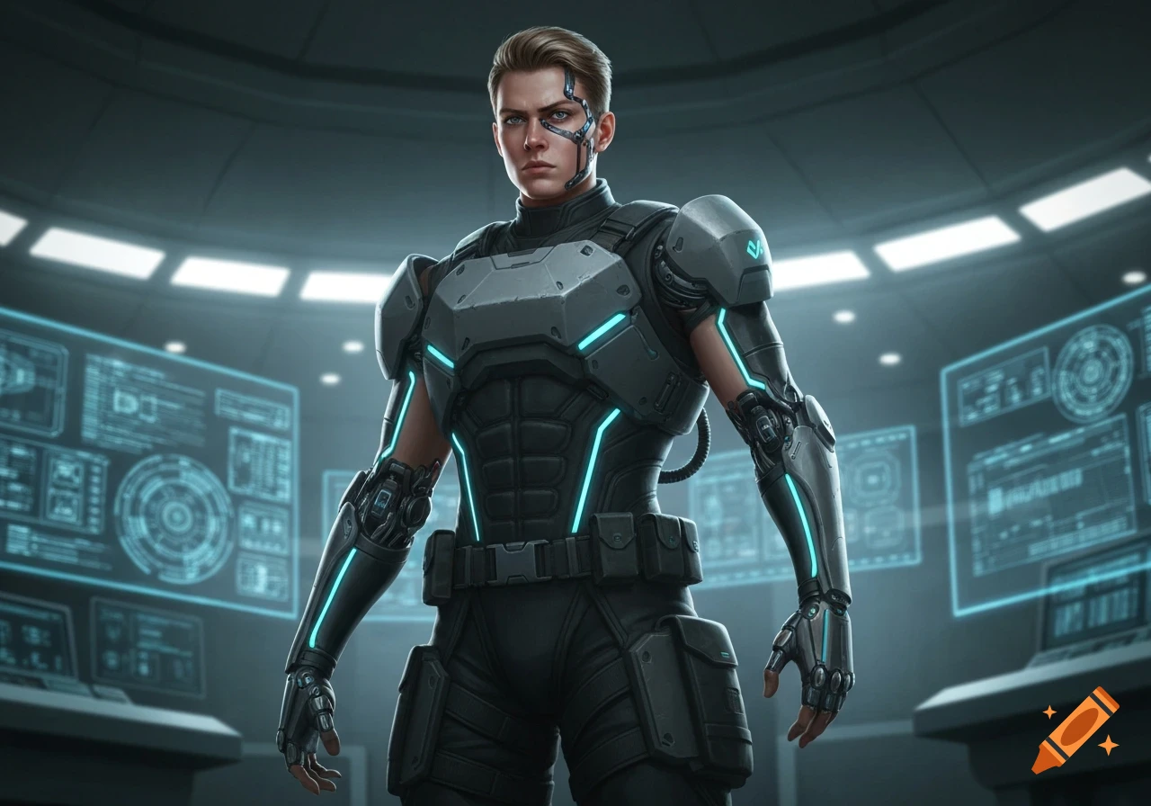 A futuristic soldier with blond short hair and bionic facial implants stands in a glowing control room.