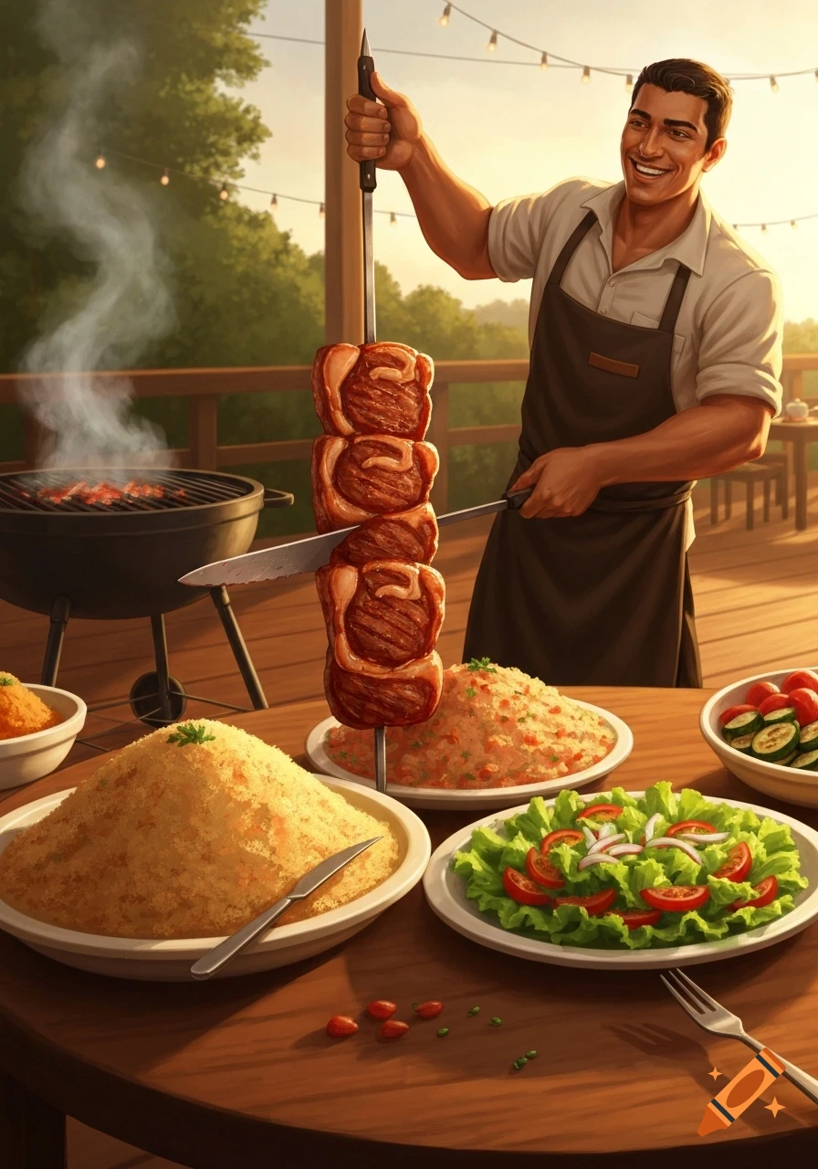 A smiling man carves grilled meat from a skewer at an outdoor barbecue, surrounded by platters of rice, salad, and other dishes.